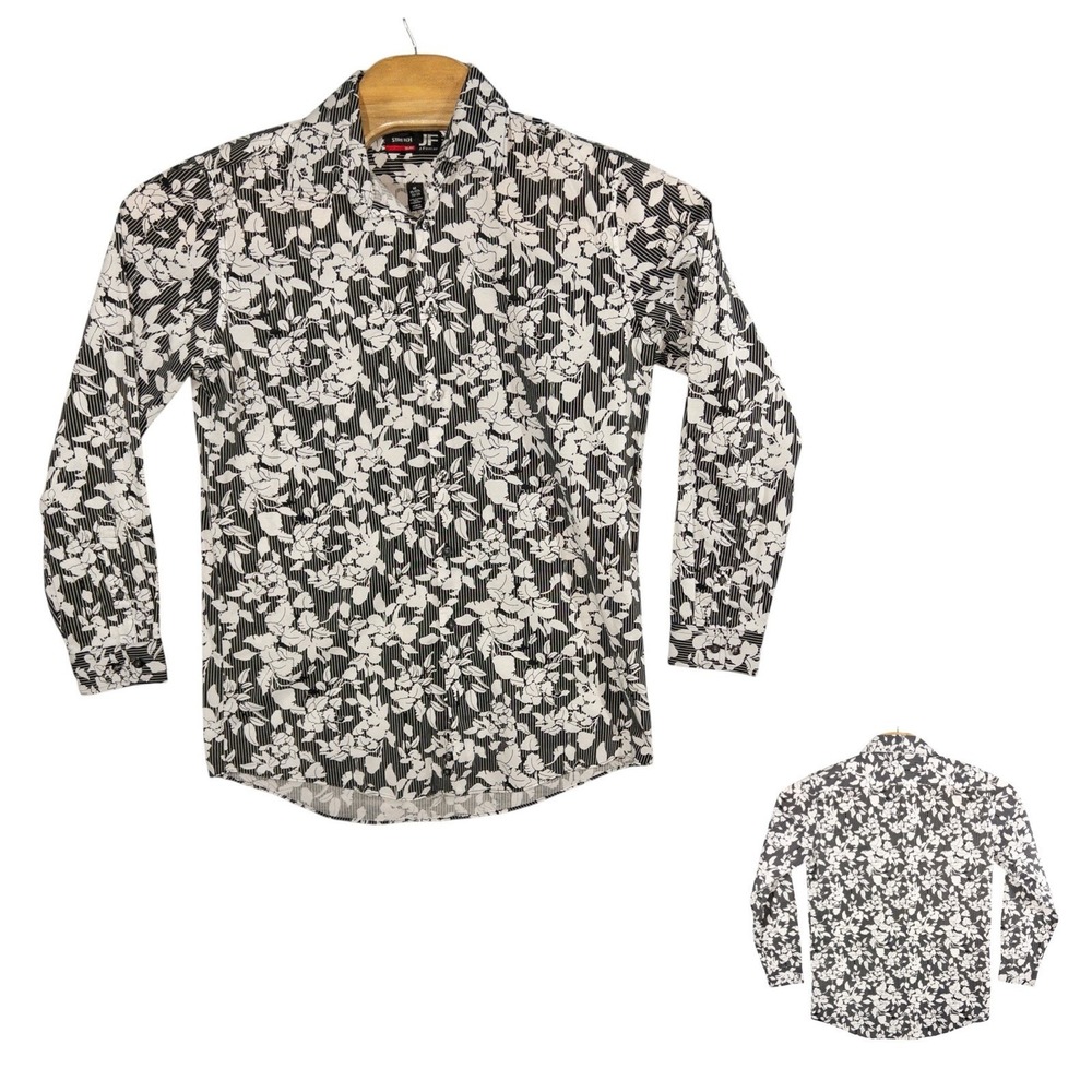 JF J. Ferrar Mens Slim Fit Black White Floral Stretch Button Resort Shirt Medium